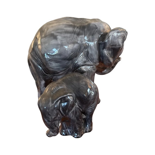 Large Mid-20th Century Japanese Ceramic Elephant Pair – Mother and Calf in Gray Glaze For Sale - Image 12 of 15