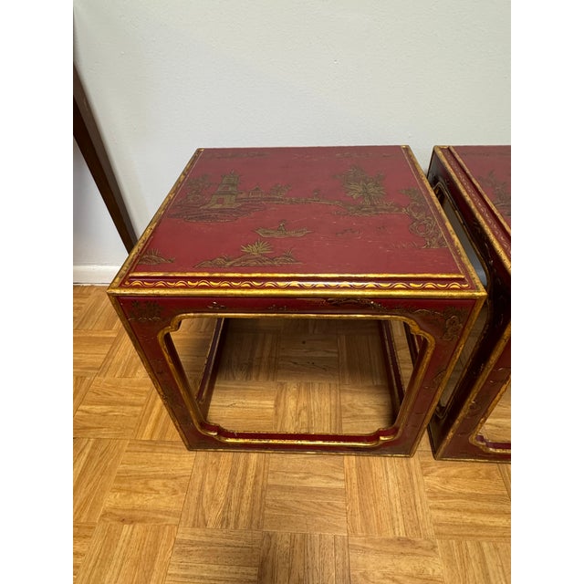 2000 - 2009 Vintage Asian Style Red Lacquer Chinoiserie Side Tables – Pair For Sale - Image 5 of 10