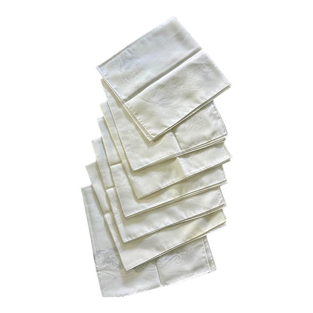 Vintage White Damask - Organza Napkin Set of 7 Woven Floral and Scroll Pattern White For Sale
