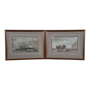 Set of 2 Antique London News Engravings Channel Passage Steamer & War Ship Launch 21"