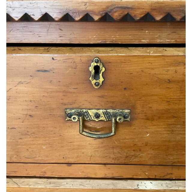 19th Century European Pine Tallboy Chest of Drawers With Brass Hardware & Carved Detail For Sale - Image 4 of 6