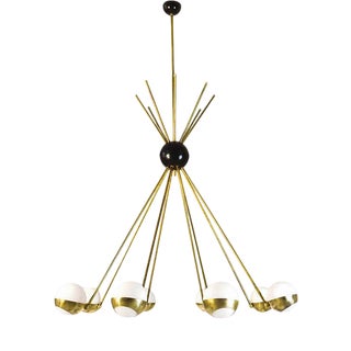 Mid-Century Italian Brass and Opaline Glass Chandelier from Stilnovo For Sale