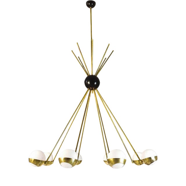 Mid-Century Italian Brass and Opaline Glass Chandelier from Stilnovo For Sale