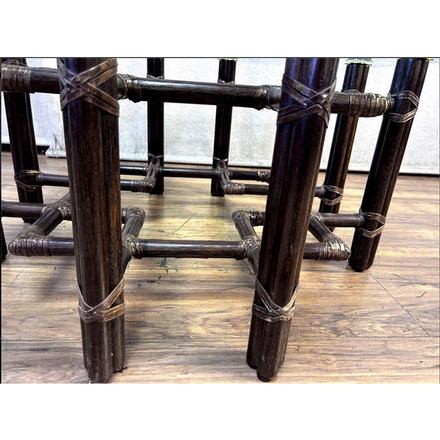 Wood Vintage McGuire Bamboo Rattan Lattice Coffee Table With Pie Crust Glass Top For Sale - Image 7 of 7