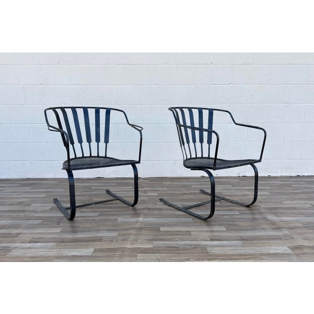 Vintage Mid-Century Modern Wrought Iron Patio Conversation Set | Loveseat & 2 Bouncer Chairs | Russell Woodard Style For Sale - Image 4 of 18