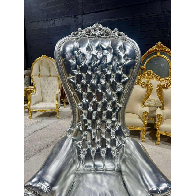Textile French Throne Chair – Silver Leather High-Back For Sale - Image 7 of 9