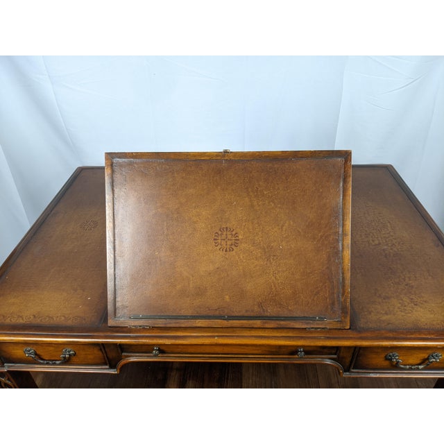 Theodore Alexander Late 20th Century Theodore Alexander Regency Style Mahogany & Leather Writing Desk With Carved Ribbon Motif Legs For Sale - Image 4 of 18