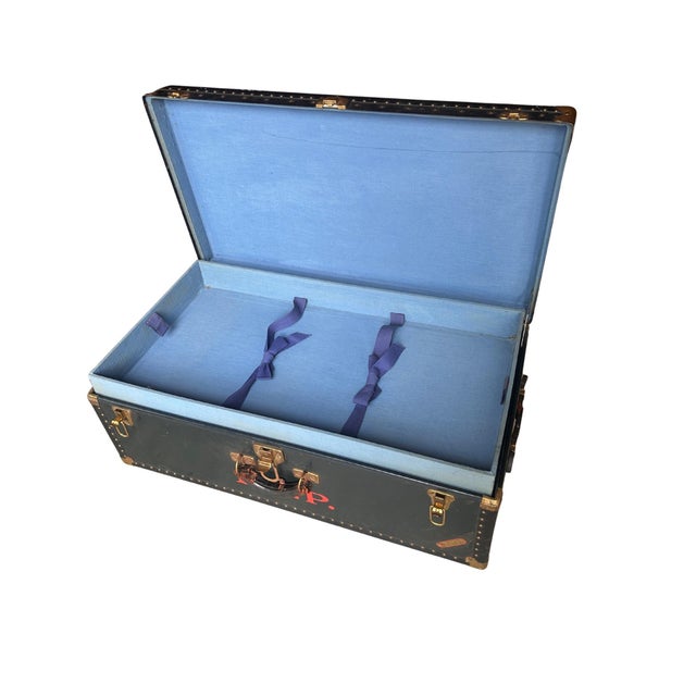 Campaign Vintage Green Leather & Brass Travel Trunk With Red “Elp” Monogram For Sale - Image 3 of 3