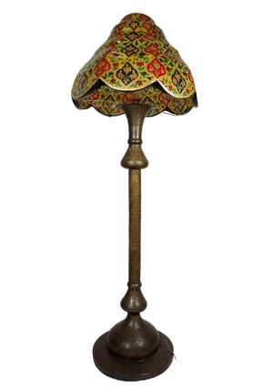 Antique Islamic Syrien Brass Floor Lamp with Hand Painted Camel Skin Leather Lampshade, 1930s