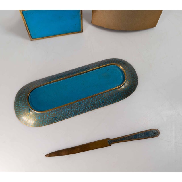 20th Century Chinese Turquoise Teal Cloisonne Enamel Desk Set For Sale - Image 14 of 15