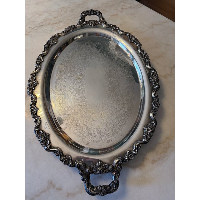 Metal 1950s Poole Lancaster Rose Silverplate Large Oval Footed Serving Platter For Sale - Image 7 of 14