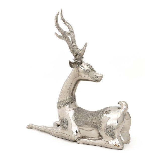 Metal Thai Recumbent Deer Nickel Plate Sculpture For Sale - Image 7 of 9