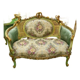 Luxury French Louis XV Loveseat With Sage Green Velvet, Floral Damask & Hand-Gilded Cherub Frame For Sale