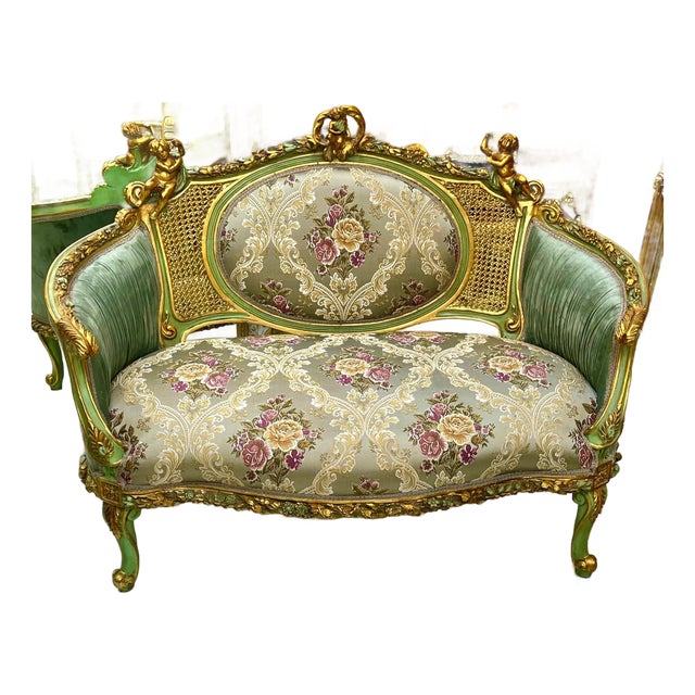 Luxury French Louis XV Loveseat With Sage Green Velvet, Floral Damask & Hand-Gilded Cherub Frame For Sale