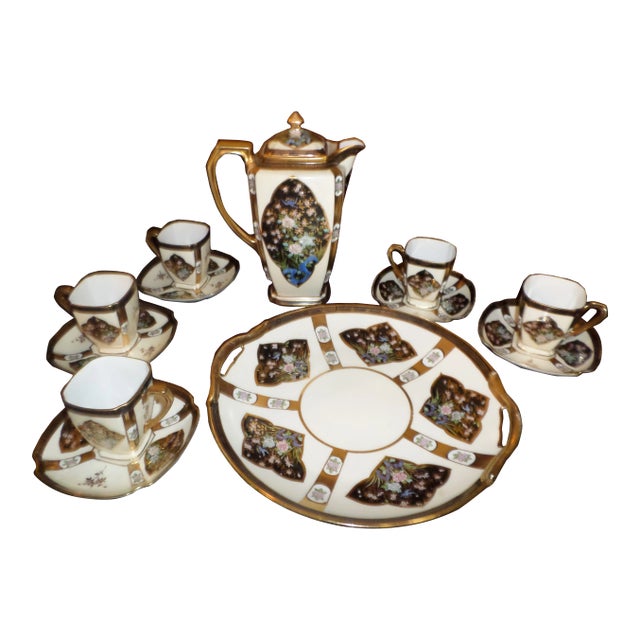 Nippon Art Deco Porcelain Chocolate Pot Set With Matching Cake Plate Peacock Design - 12 Pieces For Sale