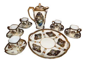 Nippon Art Deco Porcelain Chocolate Pot Set With Matching Cake Plate Peacock Design - 12 Pieces