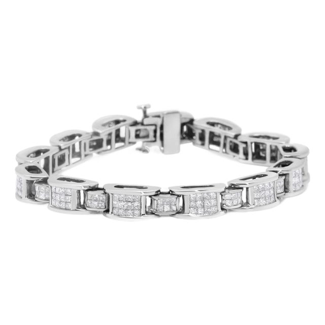 14K White Gold 5.0 Cttw Princess Cut Diamond Invisible Set Alternating Size D Shaped Links Tennis Bracelet (H-I Color, SI2-I1 Clarity) For Sale