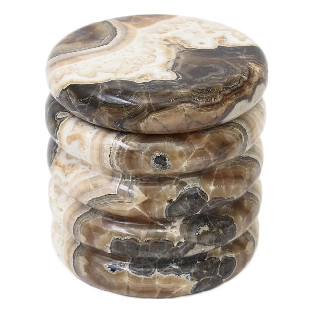 Italian Vintage Swirled Alabaster Lidded Round Box Brown, Cream, Tan, Black, Dark Gray 60's For Sale