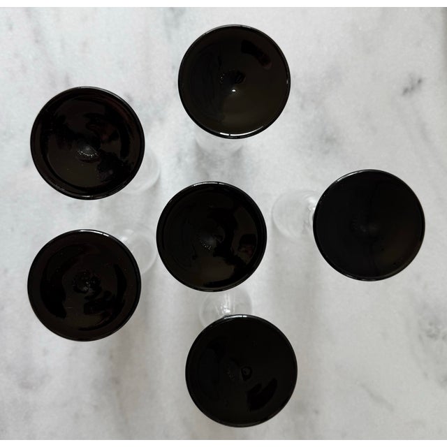 Glass Set of 6 Vintage French Luminarc Black Stem Champagne Flutes For Sale - Image 7 of 8