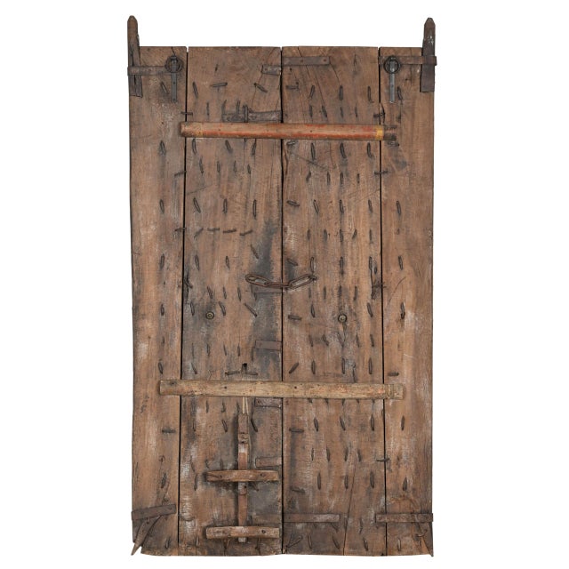 Indian Antique Indian Carved and Painted Teakwood Gujarati Door For Sale - Image 3 of 3