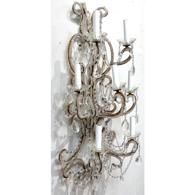 Metal Large Pair of Maria Theresa Style Crystal 7-Light Wall Sconces, Italy Circa 1950 For Sale - Image 7 of 18