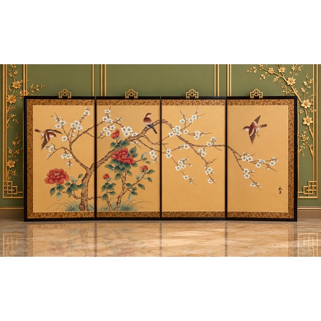 The Poetry of Spring – Vintage Chinese Four-Panel Folding Screen, Hong Kong, Circa 1960s For Sale In Austin - Image 6 of 8