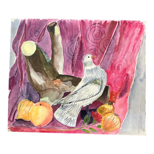 1950’s Original Modernist Watercolor Painting Still Life With Bird & Fruit For Sale