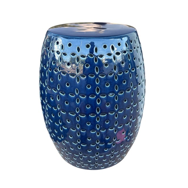 French Lovell Blue Glaze Petal Pierced Garden Stool For Sale - Image 3 of 3