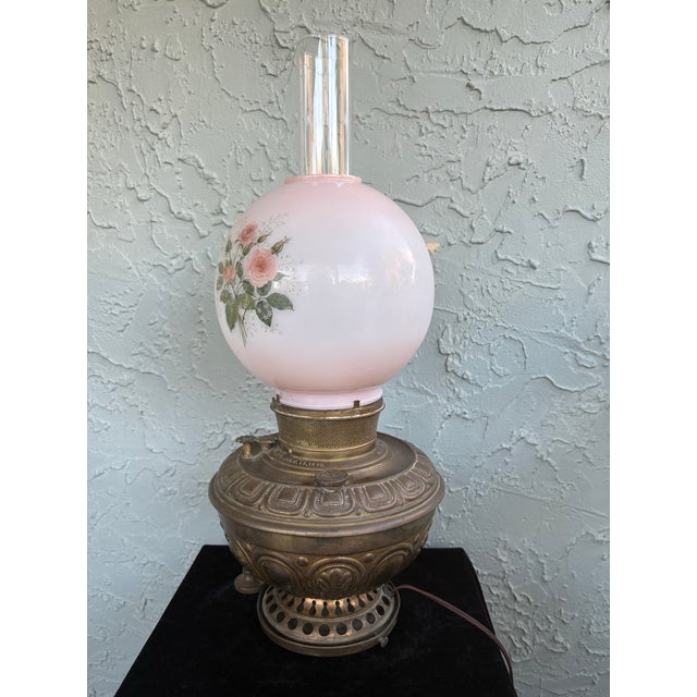 American Antique B&h Electrified Oil Lamp With Hand-Painted Pink Opaline Globe, C. 1890 For Sale - Image 3 of 12