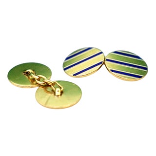 Gold Cufflinks in Button Shape with Three Blue Enameled Stripes, Set of 2 For Sale