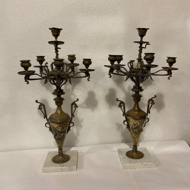 Metal Fine French Art Nouveau Bronze Candelabra on Marble Bases - A Pair For Sale - Image 7 of 7
