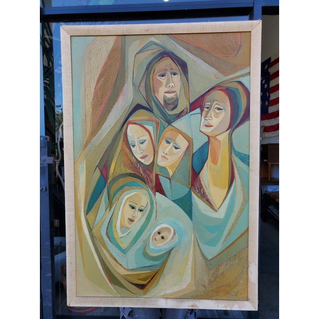 Stunning and unique vintage oil on canvas painting of a psychedelic Nativity scene. The painting lacks a frame is just on...