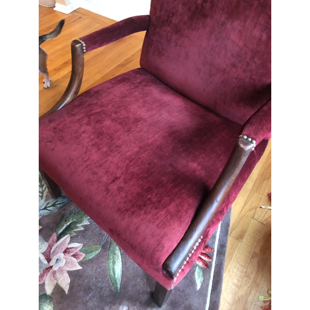 Wood Large Plush Burgundy Velvet & Mahogany Martha Washington Club Chair For Sale - Image 7 of 12