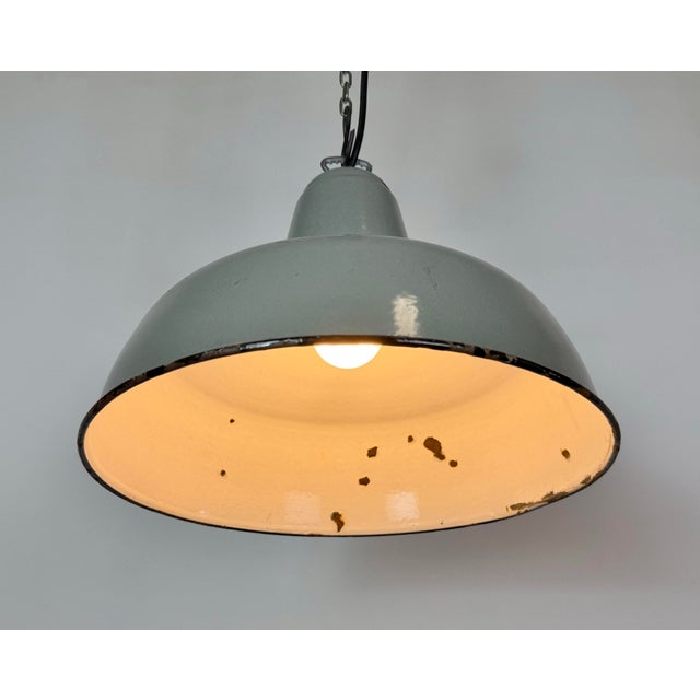 Industrial Grey Enamel Factory Pendant Lamp, 1960s For Sale - Image 10 of 18
