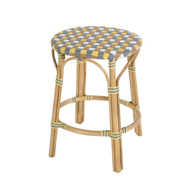 Yellow Ballito 24.5 in. Seat Height Oval Rattan Counter Stool with Footrest, French Yellow, Brown, Gray & White For Sale - Image 8 of 8