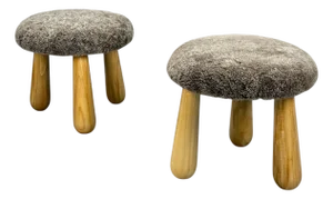 Danish Modern Style, Brown Sheepskin, Maple, Shearling Footstools, 21st Century- Set of 2