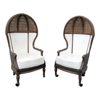 Petite Louis XV Double Cane & Leather Balloon Back Porter's Chairs- Pair For Sale