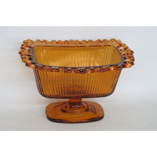 Indiana Glass Company Ftda 1981 Amber Golden Brown Pressed Glass Embossed Pedestal Candy Dish 5088b For Sale - Image 4 of 18
