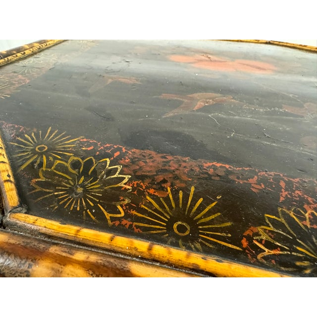 Antique English Bamboo Lacquered Octagonal Table | Aesthetic Movement Chinoiserie | Japanned Top, 28in Tall For Sale - Image 11 of 17