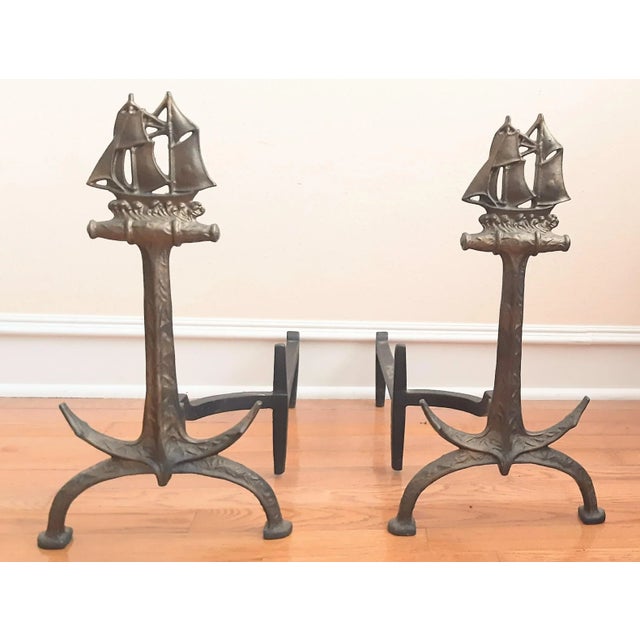 Bradley and Hubbard Ship With Anchor Cast Iron Fireplace Andirons For Sale - Image 11 of 11