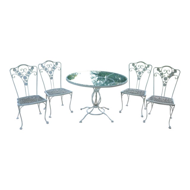 Vintage Lee L. Woodard & Sons Wrought Iron White Patio Set—A Table and Four Chairs For Sale