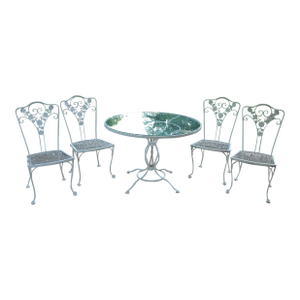 Vintage Lee L. Woodard & Sons Wrought Iron White Patio Set—A Table and Four Chairs
