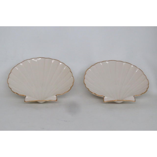 Coastal Late 20th Century Lenox Aegean Shell Shaped Ivory Porcelain Dishes 2 Pair With 24k Gold Trim For Sale - Image 3 of 11