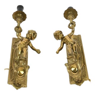 Pair Fine Italian Brevettato Cherub Brass Lighting Sconces For Sale