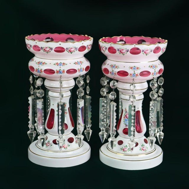 Glass Pair Antique Bohemian Cutback Cranberry to Clear Lusters With Crystals C1890 For Sale - Image 7 of 7