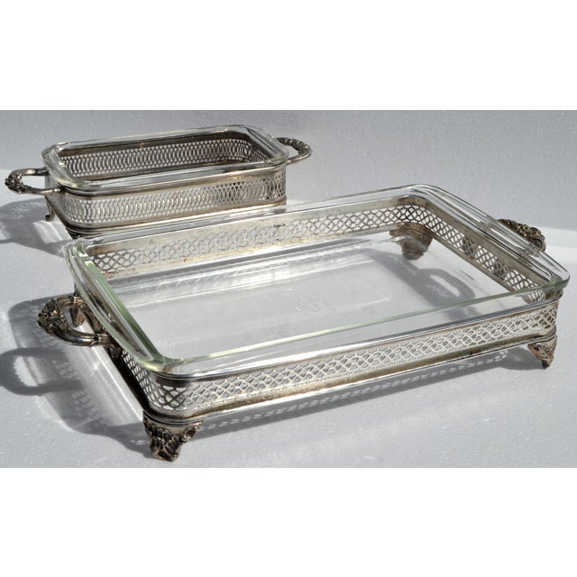 1950s Pyrex Glass Silver Plate Holders Rectangle Baking Pan Casserole Serving Dishes - Set of 2 For Sale - Image 18 of 18