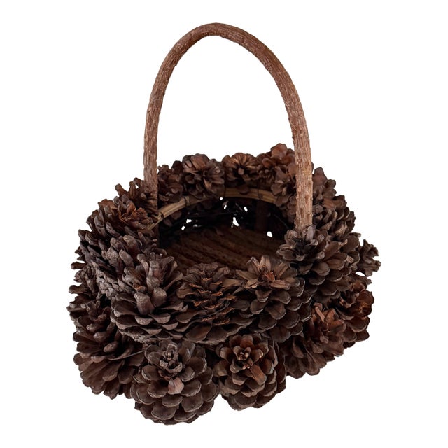 Vintage Handcrafted Pinecone Basket For Sale