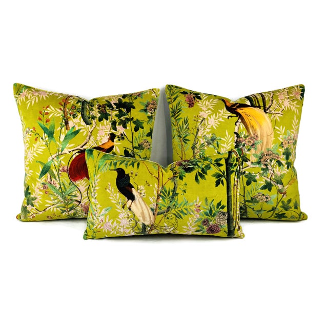 2020s Mind the Gap Royal Garden in Green Pillow Cover - Chartreuse With Wild Bird Pattern Printed Velvet For Sale - Image 5 of 5