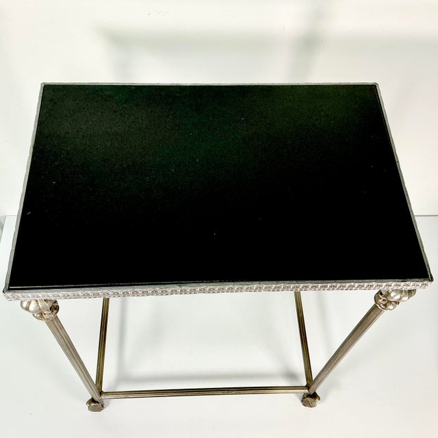 1970s Vintage Hollywood Regency Italian Neoclassical Black Marble Top Metal Side Table For Sale - Image 14 of 16