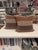 Pair of Ryan Studio 22" square pillows in four different shads of brown wool sewn together in 5 inch stripes with beige...